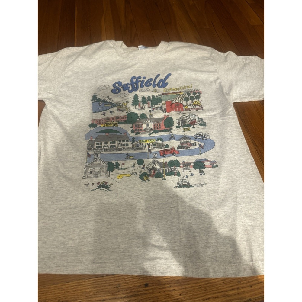 Vintage Suffield Connecticut Town Map Shirt Adult L Illustrated Aerial View 1995